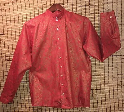 Cool Vintage 60s Men's Mod Nehru Collar Red With Metallic Copper Paisley Print. • $49.99