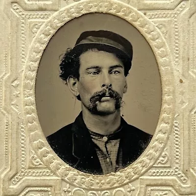 Antique Tintype Photograph Handsome Young Man In Kepi Civil War Soldier Cigar • $224.95