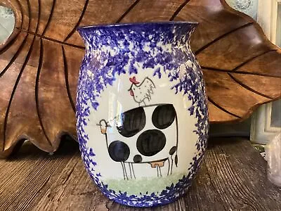 Molly Dallas Cows Blue Spongeware/Spatter Ware Crock Utensil Holder Vase Farm • $29.63