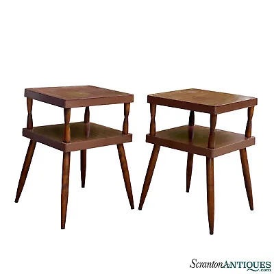 Mid-Century Atomic Walnut Sculptural Tiered End Tables - A Pair • $550