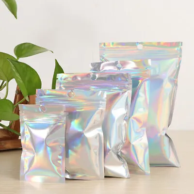 10x Iridescent Zip Lock Pouches Cosmetic Plastic Laser Holographic Zipper Bag Q! • $5.43