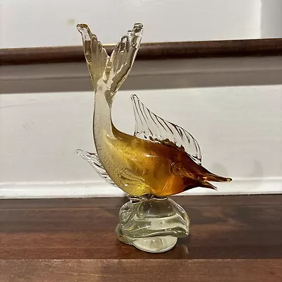 VINTAGE MURANO GLASS FISH SCULPTURE MADE IN ITALY Yellow Gold Glitter Hand Blown • $64.99