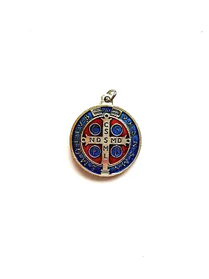 St. Saint Benedict 1.5  Blue Red Silver Medal -Medalla Plateada San Benito Italy • $12.95