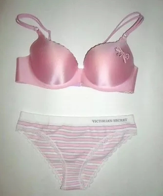 Victorias Secret Demi Bra Panty Set 34B Small Embrace Pink Bling Christmas Bow • $49.95