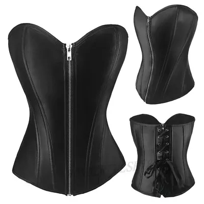 Womens Burlesque Faux Leather Lace Up Zipper Overbust Black Top Corset Basque • £18.99