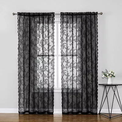 Black Vintage Floral Voile Sheer Lace Window Drapes Curtain Living Room Bedroom • $26.72