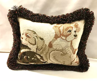 Custom Vintage Needlepoint Accent Pillow -3 Sleepy Dog Puppies  W/fringe Trim • $65