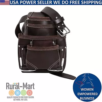 Brown Leather Tool Pouch Bag 10 Pockets With 2'' Work Belt Included For Handyman • $38