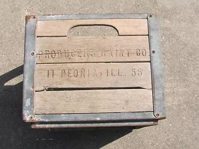 1955 Peoria Producers Dairy Co Illinois Milk Bottle Crate Wood Box Metal Floor • $30