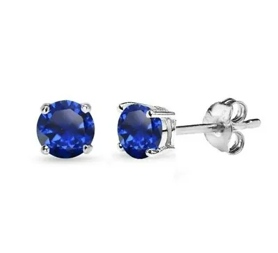 2mm Genuine Sapphire Round Basket Set Stud Earrings In Solid Sterling Silver • $24