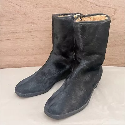 Vintage 50s 60s Black Pony Hair Fur Textured Sole Ankle Side Zip Go Go Boots • $129.89