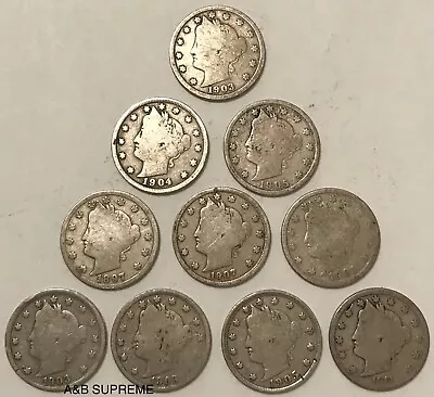 $17.89 • Buy Count Of Ten Circulated Liberty V Nickels 1883 To 1912 Good To Fine