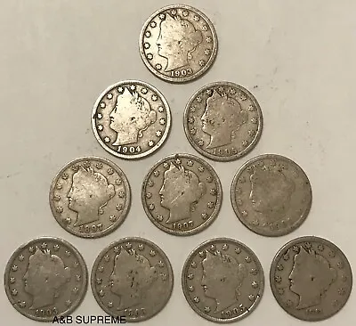 Count Of Ten Circulated Liberty V Nickels 1883 To 1912 Good To Fine • $18.89