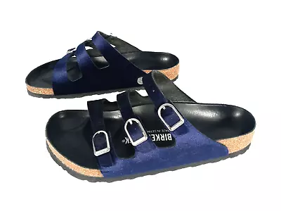 Birkenstock Florida Fresh Velvet Sandals Blue Women 40 9-9.5 Triple Strap Slides • $79.98