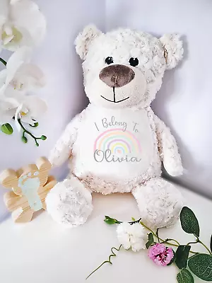 Personalised Name Teddy Bear Soft Toy Plush Blue Floral Flower Girl Boy Gift • £16.99