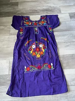 Vintage Mexican Embroidered Oaxacan Purpl Boho Floral Ethnic Chaparrita Dress • $48.99