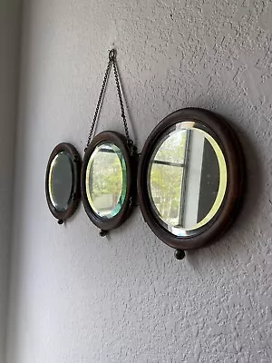 Antique Wooden Trifold Circular Beveled Nautical Mirror C1910’s • $115