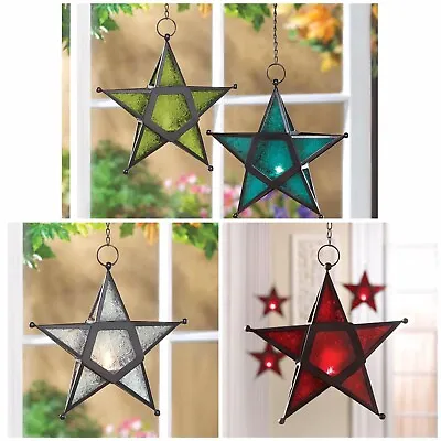 Hanging Glass Metal Five Pointed Star Candle Lantern Blue Clear Green Red • $22.99