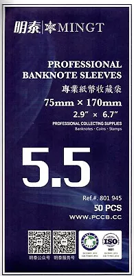 10 New PCCB Pro OPP Acid-Free Banknote Sleeves  170mm X 75mm  [Thickness 4C] • £1.50