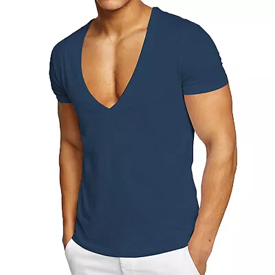 $14.69 • Buy Men's Deep V-Neck Shirts Short Sleeves Low Cut T-Shirt Cotton Top Muscle T-Shirt