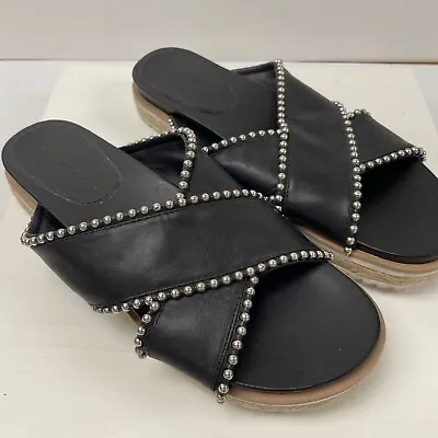 $21 • Buy Zara Black Silver Studded Cross Strap Slides Womens 7 Open Toe Slip On Sandals