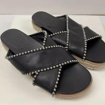 Zara Black Silver Studded Cross Strap Slides Womens 7 Open Toe Slip On Sandals • $12