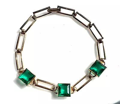 Vintage Simmons  Art DECO Square Green Stones Gold Tone Bracelet Estate Signed • $60