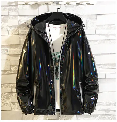 Metallic Jacket For Men's Solid Zipper Sparkle Shiny Hooded Windbreaker Casual • $29.94