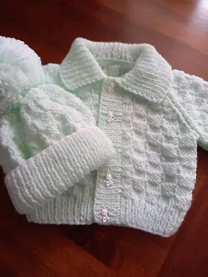 Hand Knitted Baby Cardigan & Hat Set LIGHT GREEN 0-3 Months NEW • £6