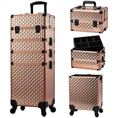 Makeup Train Case Large Storage Cosmetic Trolley Travel Cart Trunk Rolling Gold • $137.99
