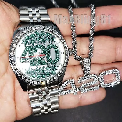 Men Iced Silver Pt 420 Dial Metal Band Watch & Hip Hop Jewelry Bling Necklace • $12.99