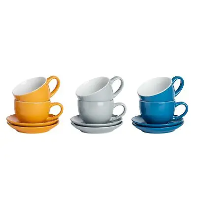 12pc Coloured Cappuccino Cup Saucer Set Porcelain Tea Coffee Cups 250ml • £24