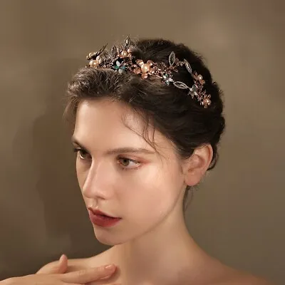 Copper Crystal Flower Big Pearl Wedding Bridal Queen Pageant Prom Tiara Crown • £12.59