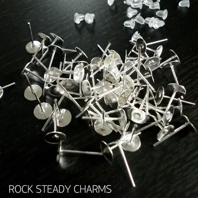 100 X 6mm Silver Plated/Gold Plated Earring Posts/Blanks Findings + Rubber Backs • £2.55