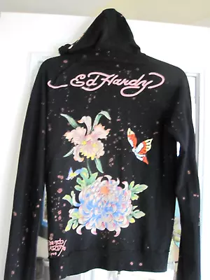 Ed Hardy Black With Floral Embroidery Women's Hoodie L • $35