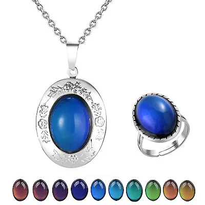 Vintage Women's Color Changing Mood Ring Locket Photo Box Pendant Necklace Set • $12.99