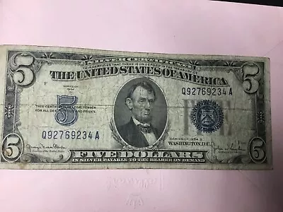 1934 Five Dollar  Silver Certificate $5 Bill Blue Seal Note 1 Note • $9.99