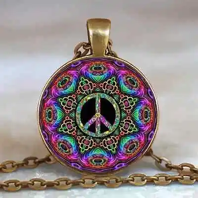 Bronze Peace Symbol Cabochon Pendant Necklace For Gift Mandala Art Pendant New • $9.98