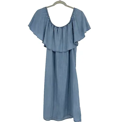 Spense Off The Shoulder Chambray Denim Shift Dress Flounce Blue Size 6 • $11.25