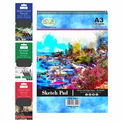 A3 Spiral Sketch Book/Pad 130gsm 30 Sheets (297mmX420mm) & Assorted Pencil Sets • £10.49