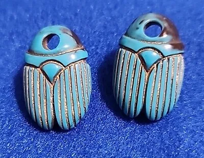 Vtg Carved Scarab Turquoise Color Egyptian Revival Clip On Earrings Gold Tone • $8