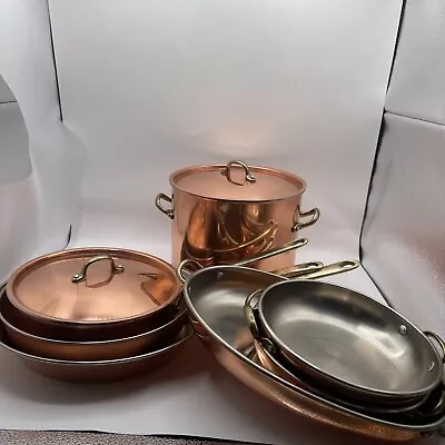 Copper Saucepans 10 Piece Cooking PotBrass Handle Vintage Hanging SautePans • $144.93