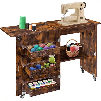 Folding Sewing Craft Table Shelf Storage Cabinet Home Furniture W/ Wheels Brown • $99.99