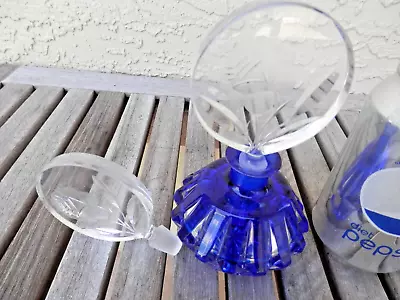 Vtg Czech Rib Cut Glass Cobalt Blue Perfume Bottle W/ Two Stoppers Etched Rose • $49.99