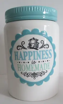 Cracker Barrel Cookie Jar Happiness Is Homemade Container Farmhouse White Teal • $24.99