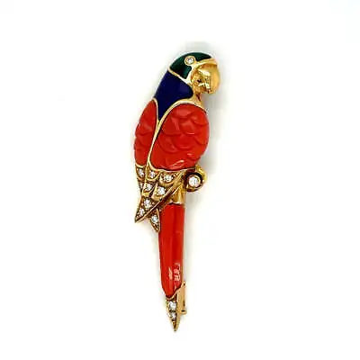 Estate FABERGE Blue Enamel Coral And Diamond Parrot Brooch 18K Gold • $7200