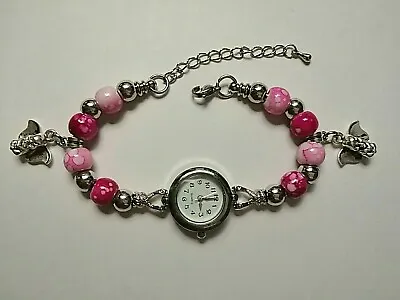 Handmade Silver DUMBO Watch Bracelet With  2 Silver DUMBO  Charms -- PINK • £11.99
