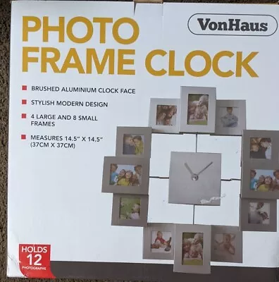 Photo Frame Clock Wall Hanging VonHaus Brush Aluminum Silver Modern New Opened • $27.57