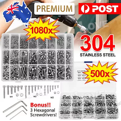1080pcs M2/M3/M4/M5 Stainless Steel Bolts Nuts Screws Hex Head Assorted Kit Set • $14.95