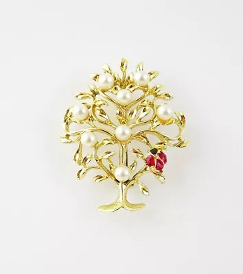 Vintage Faux Pearl Tree Of Life Brooch Enamel Ladybug Gold Tone Floral Insect • $24